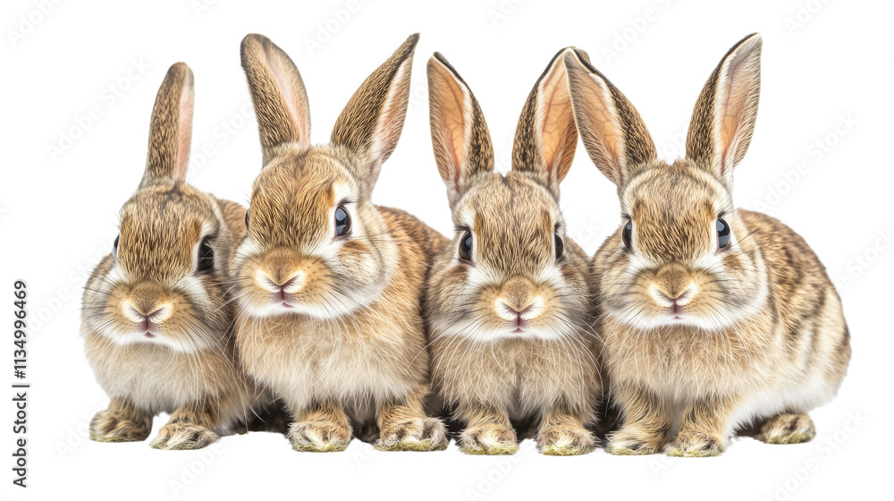 Fototapeta premium Four Adorable Bunnies: A heartwarming image of four fuzzy brown bunnies huddled together, showcasing their endearing charm and cuteness. Perfect for Easter, spring.