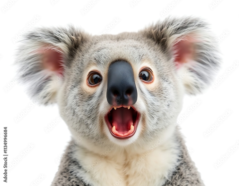 Obraz premium Close-up Of An Angry And Surprised Koala Bear Isolated On White Background With A Funny And Excited Expression, Animal Portrait