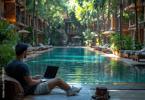 Man working on laptop by resort pool photo