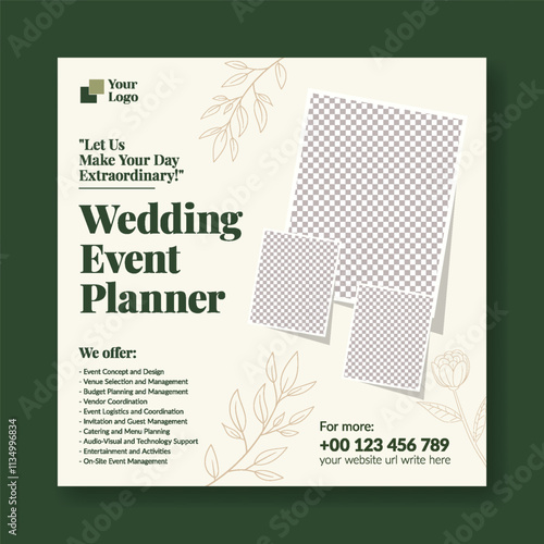 Wedding planner social media posts banner ads editable template, Event coordinator, wedding anniversary, marriage ceremony celebration luxury promotional web banner, Valentine's day social media ads