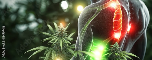 A visual representation of the human body highlighting pain points, with cannabis plants symbolizing natural relief and healing.