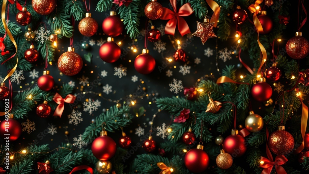 A Festive Arrangement of Red and Gold Christmas Ornaments on a Dark Background with Twinkling Lights and Evergreen Branches A Festive Arrangement of Red and Gold Christmas Ornaments on a Dark Background with Twinkling Lights and Evergreen Branches