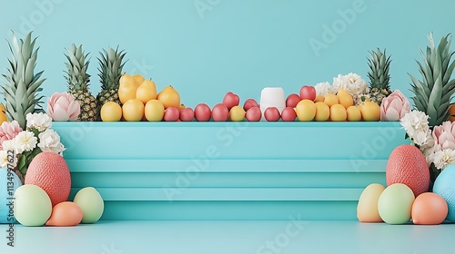 Colorful Fruits Flowers and Eggs on Teal Background photo