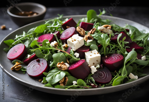 A colorful beet salad with arugula, walnuts, and vegan feta, topped with balsamic vinaigrette, ai.