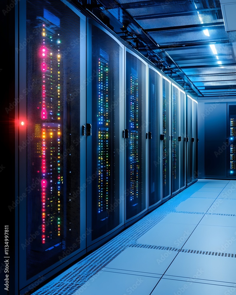 Fototapeta premium A modern data center showcasing rows of illuminated server racks in a high-tech environment.