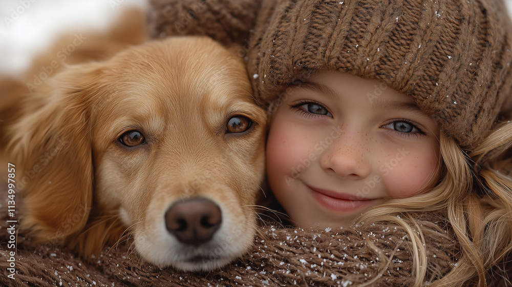 Cute little girl wearing mocha color winter cap, hugging her dog wrapped up in her scarf, golden retriever puppy. Close up portrait. Concept of pure love, winter fun with pet friends and playfulness.