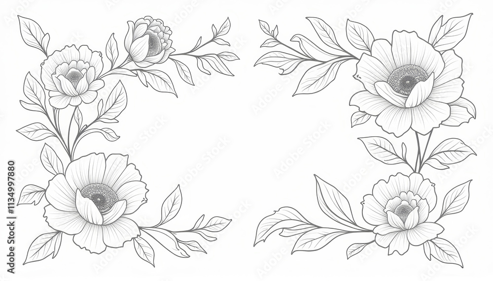 Fototapeta premium Sophisticated black and white vintage floral corner design with elegant flowers and leaves