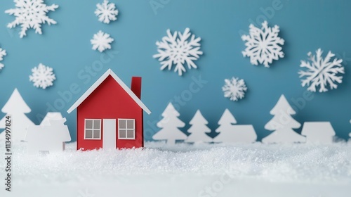 A cozy origami house at the heart of a snowcovered Christmas village, glowing warmly under folded paper snowflakes, origami Papercut, festive comfort