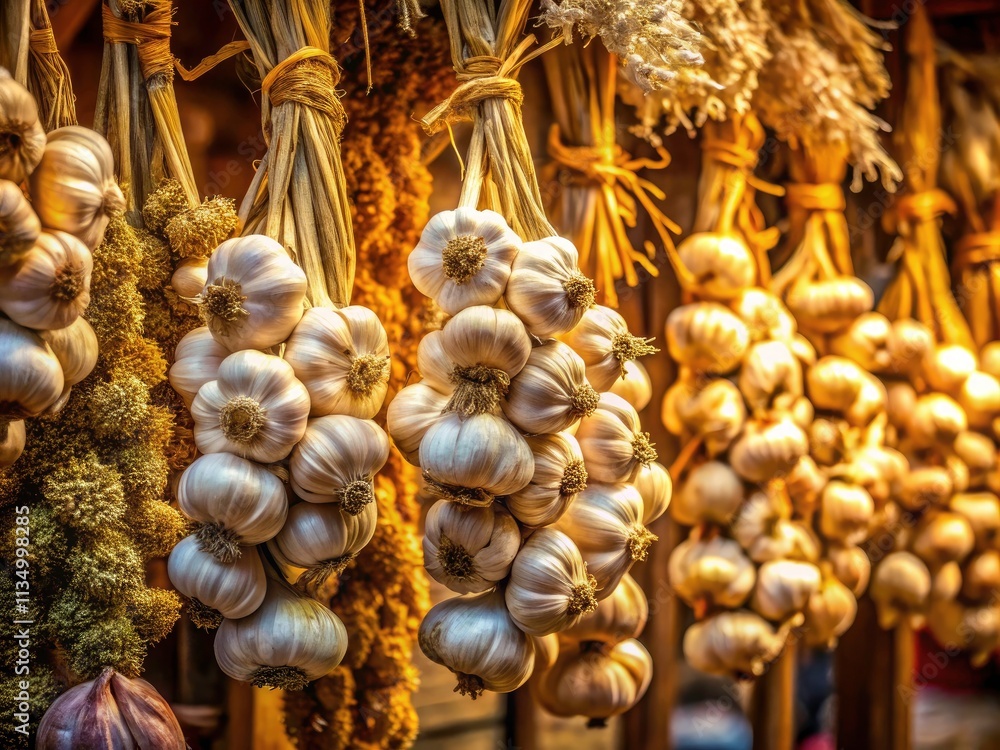 Fototapeta premium Freshly Dried Garlic Braids in Low Light at a Vibrant Market Stall
