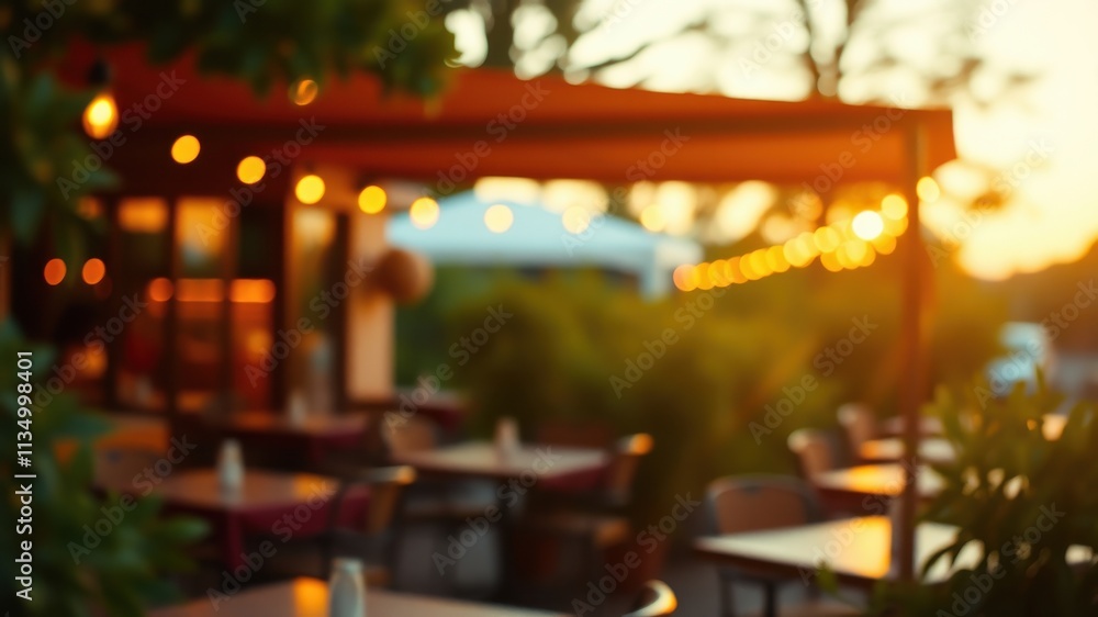 Warm Evening Glow Illuminates a Cozy Outdoor Dining Area with String Lights and a Sunset Backdrop Warm Evening Glow Illuminates a Cozy Outdoor Dining Area with String Lights and a Sunset Backdrop