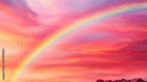 A vibrant sunset sky with a rainbow arching across, featuring stunning hues of pink and orange, creating a serene and picturesque landscape.