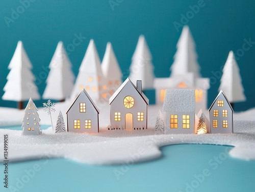 Intricate origamistyle Christmas village, glowing paper buildings, and delicate snowflakes, showcasing a festive winter wonderland, origami Papercut, Christmas city photo