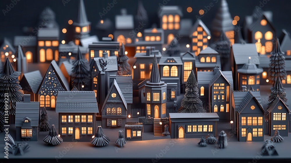 Whimsical papercut Christmas town at dusk, soft warm lights spilling from windows, and detailed rooftop decorations, origami Papercut, magical night Whimsical papercut Christmas town at dusk, soft warm lights spilling from windows, and detailed rooftop decorations, origami Papercut, magical night
