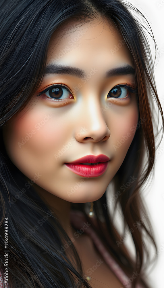 Close up portrait beauty shot of Beautiful Asian girl looking at camera isolated on brown background with copy space, clipart style, with white tones Close up portrait beauty shot of Beautiful Asian girl looking at camera isolated on brown background with copy space, clipart style, with white tones