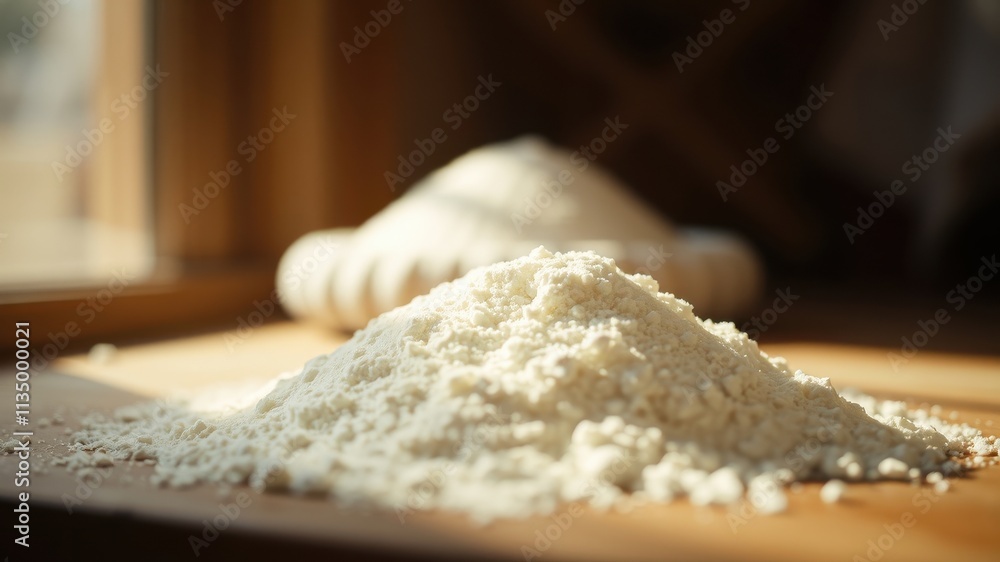 A heap of white flour sits on a wooden surface bathed in warm sunlight. The flour is soft and powdery, ready for baking. A heap of white flour sits on a wooden surface bathed in warm sunlight. The flour is soft and powdery, ready for baking.