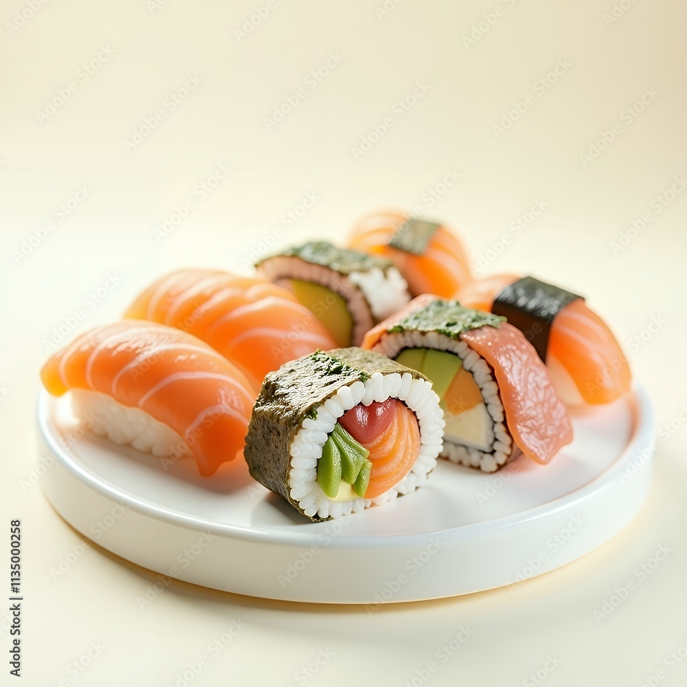 A plate of assorted sushi, including nigiri and rolls, showcasing vibrant colors and textures. A plate of assorted sushi, including nigiri and rolls, showcasing vibrant colors and textures.