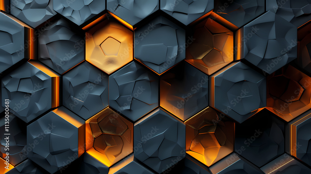 Dark Hexagon Abstract: A striking abstract image featuring a textured pattern of dark gray and orange hexagons, creating a powerful and visually engaging design. Dark Hexagon Abstract: A striking abstract image featuring a textured pattern of dark gray and orange hexagons, creating a powerful and visually engaging design.