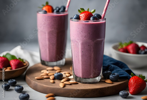 A tall glass of blueberry smoothie topped with fresh berries and almonds, set on a rustic wooden board, ai.