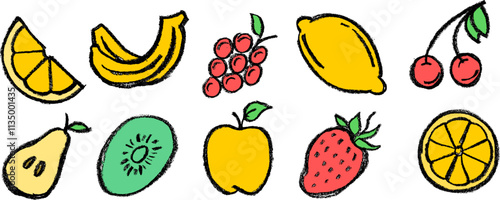 Fruit Colorful Drawing Icons Crayon Chalk Vector Set