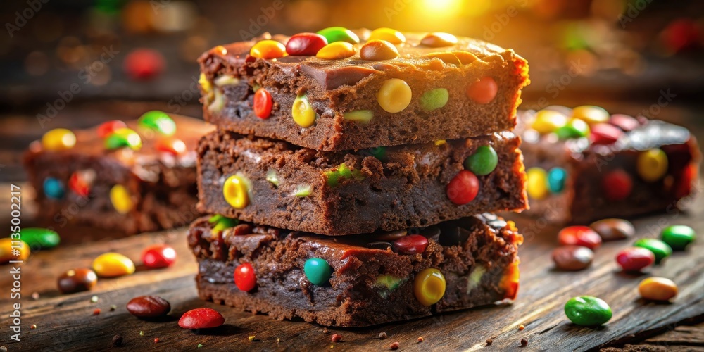 A stack of rich chocolate brownies topped with colorful candies, resting on a rustic wooden surface A stack of rich chocolate brownies topped with colorful candies, resting on a rustic wooden surface