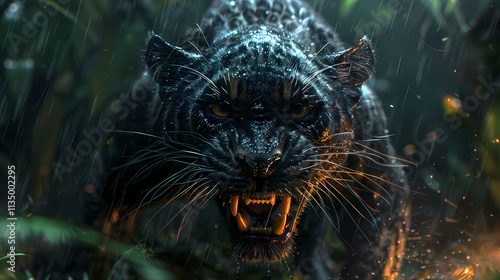 Predator's Gaze: A menacing black panther with piercing yellow eyes stares directly at the camera, its sharp teeth bared in a guttural snarl. photo