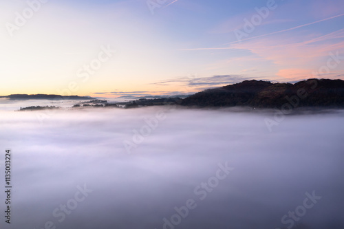 Tableau sur toile Beautiful atmospheric aerial drone landscape image of cloud inversion in Loughri