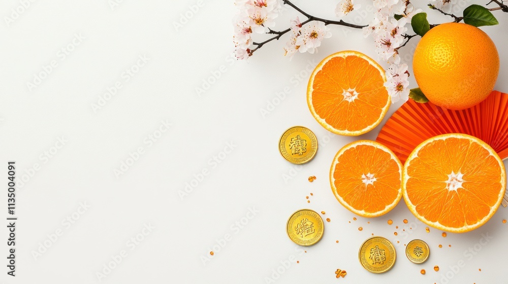Prosperous Chinese New Year Arrangement with Oranges, Fans, Cherry Blossoms, and Gold Coins Prosperous Chinese New Year Arrangement with Oranges, Fans, Cherry Blossoms, and Gold Coins