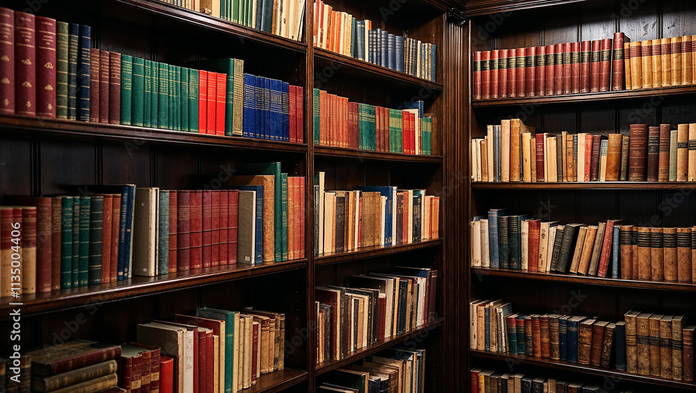 Old books resting on wooden bookshelves in a library or bookstore Old books resting on wooden bookshelves in a library or bookstore