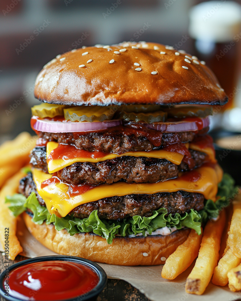 Indulging in a towering burger feast with crispy fries and refreshing beverages. Generative AI Indulging in a towering burger feast with crispy fries and refreshing beverages. Generative AI