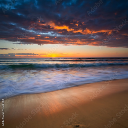 Breathtaking Sunset with Pink Orchids on a Tranquil Beach