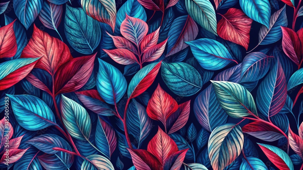 A vibrant and intricate seamless pattern featuring an abundance of overlapping leaves in shades of deep blue, turquoise, and crimson, creating a captivating and immersive visual experience. A vibrant and intricate seamless pattern featuring an abundance of overlapping leaves in shades of deep blue, turquoise, and crimson, creating a captivating and immersive visual experience.