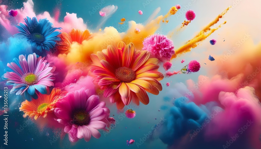 Floating Colorful Dyes and Flowers with Hovering in a Dreamy Background Floating Colorful Dyes and Flowers with Hovering in a Dreamy Background