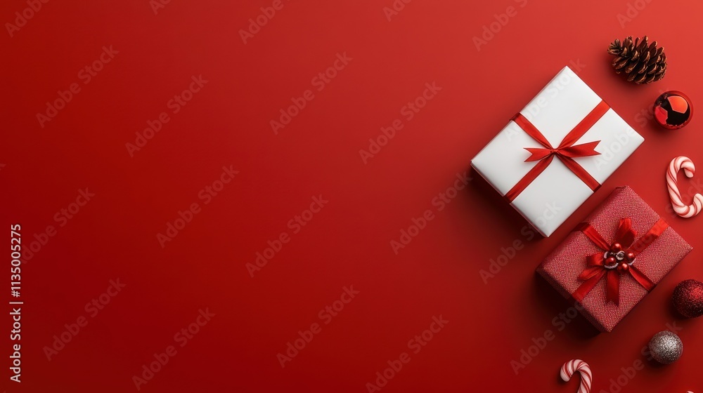 Vibrant Red Holiday Cheer: Christmas Presents Wrapped with Ribbon, Baubles, and Candy Canes Vibrant Red Holiday Cheer: Christmas Presents Wrapped with Ribbon, Baubles, and Candy Canes