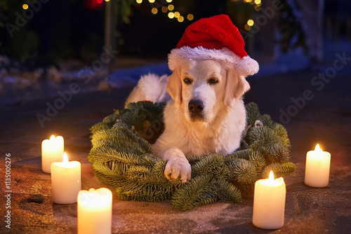 cachorro , con velas y gorra de papa Noel  photo