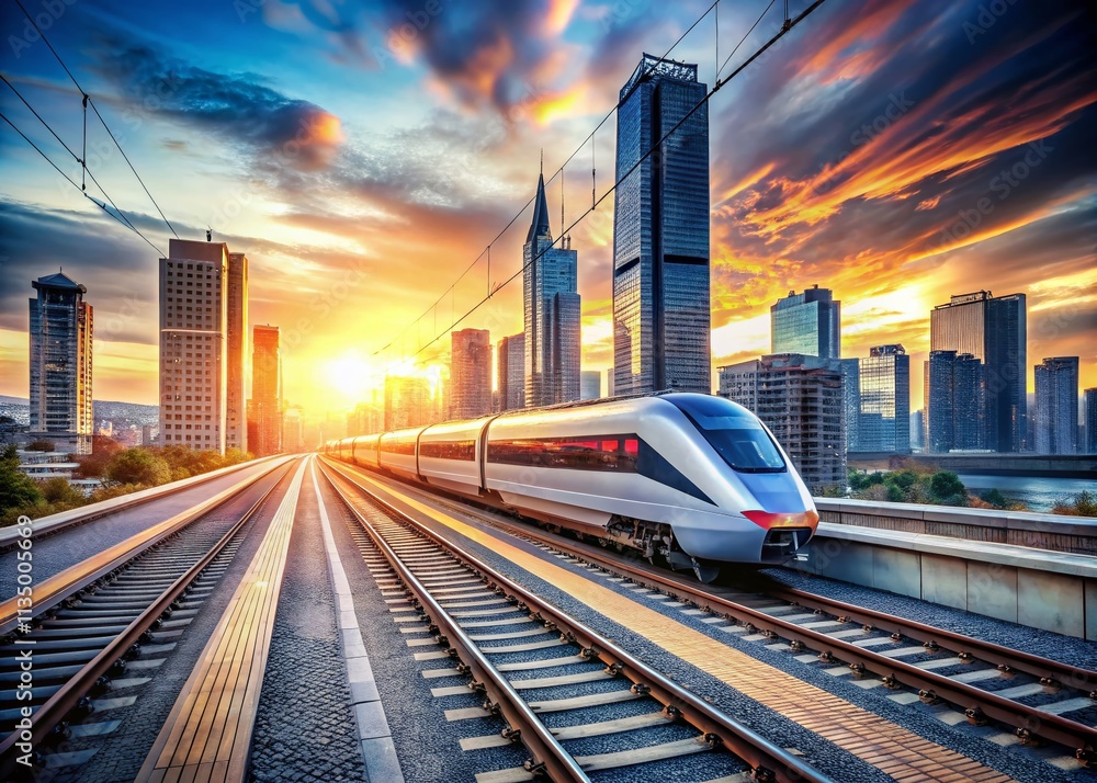 Fototapeta premium High-Speed Passenger Train in Motion at Urban Railway Station with Dynamic Cityscape Background and Ample Copy Space for Text and Branding Opportunities