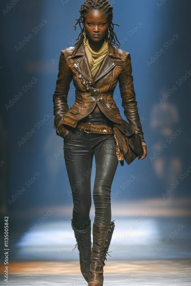 Fashionable leather jacket and boots outfit on runway model in spotlight. Trendy color concept, mocha mousse 2025 Fashionable leather jacket and boots outfit on runway model in spotlight. Trendy color concept, mocha mousse 2025
