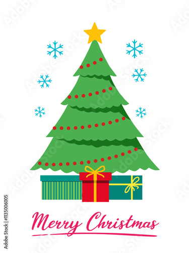 Simple and festive illustration, featuring christmas tree, gift box, snow flakes, and 'merry christmas' text, ideal for, christmas card, festive poster, and any christmas design project