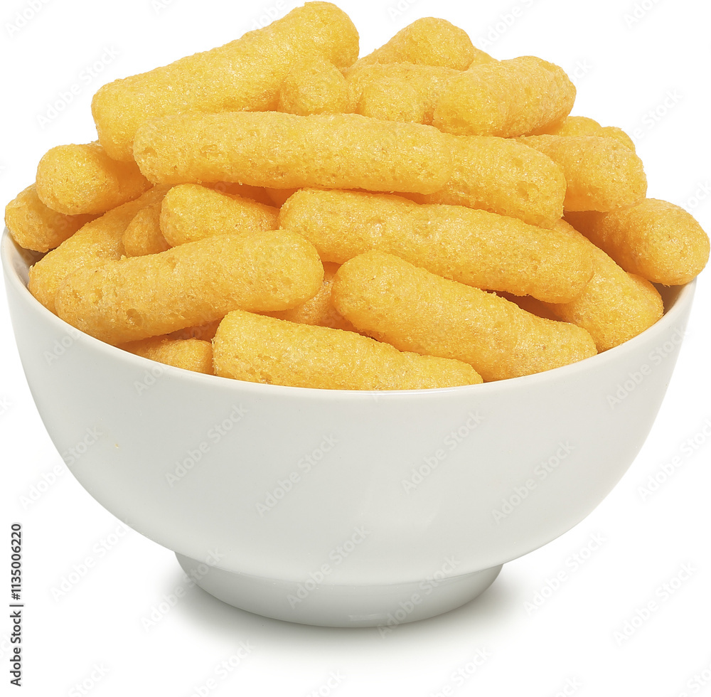 cheese puffs in white bowl isolated cheese puffs in white bowl isolated