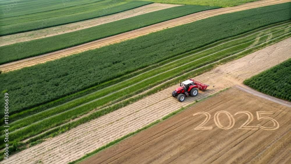 aerial view of a field with a red tractor working on it, In the bottom right corner of the image, the number aerial view of a field with a red tractor working on it, In the bottom right corner of the image, the number