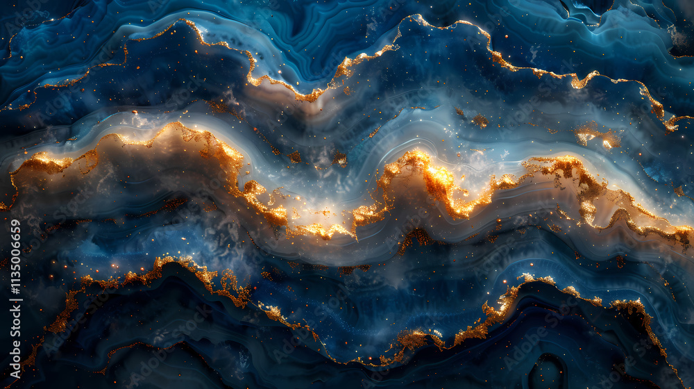 Fototapeta premium Abstract Blue and Gold Swirl: A mesmerizing abstract composition of swirling blue and gold hues, reminiscent of a cosmic nebula or celestial landscape.