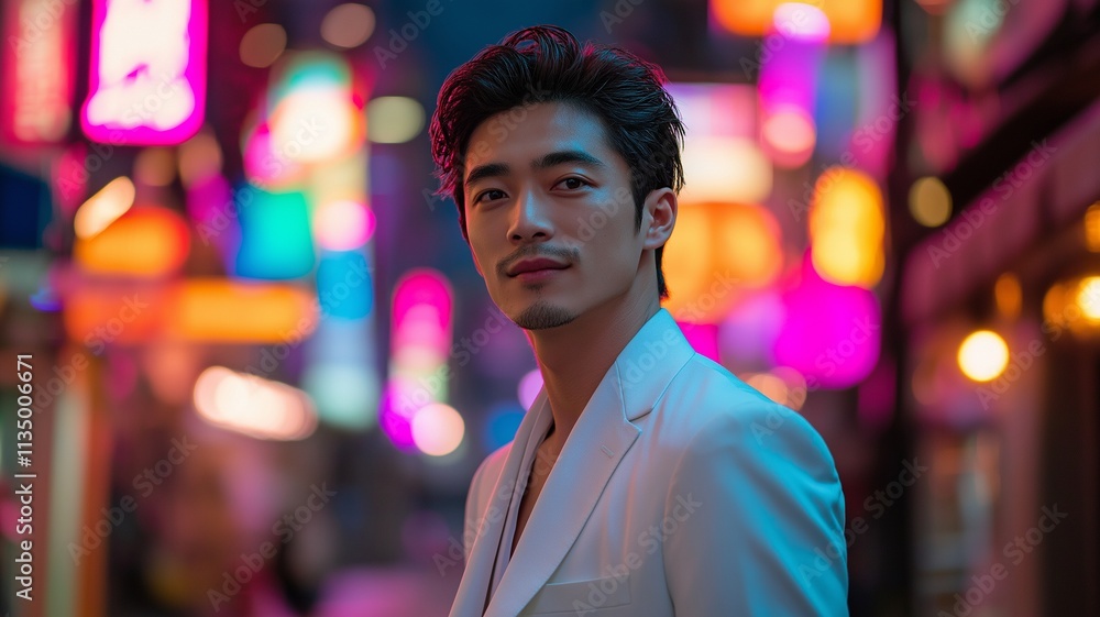 On a neon light backdrop, a young Asian man wearing a white suit On a neon light backdrop, a young Asian man wearing a white suit