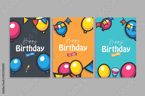 Set of Happy birthday cards with colorful balloons and bunting flags
