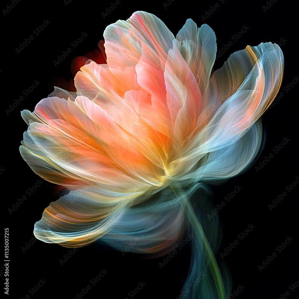 Ethereal Flower in Motion with Soft Colors, Creating a Dreamlike Effect Against a Dark Background, Ideal for Artistic and Nature-Inspired Projects