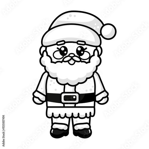 Cute kawaii outline Santa Claus with red beanie in full height isolated on white background. Vector illustration of coloring page, coloring book, clipart for children, kids