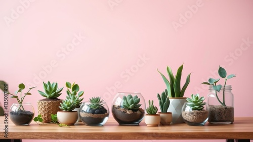 Succulents and foliage plants arranged in a row on a wooden surface against a soft pink background.