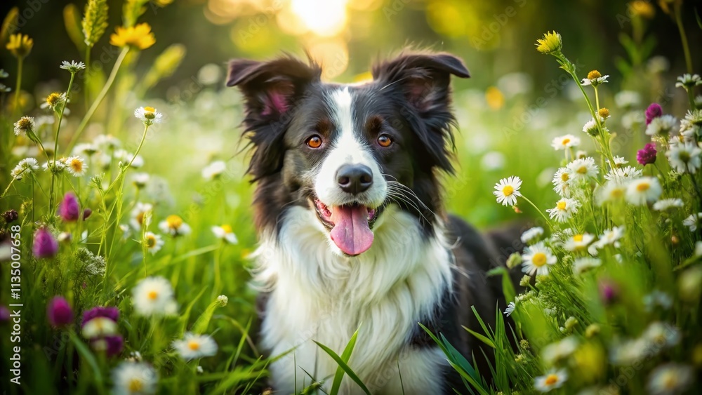 Humorous Portrait of a Guilty Border Collie Dog Surrounded by Vibrant Grass and Colorful Flowers, Capturing the Playful Nature of Pets in Nature Settings Humorous Portrait of a Guilty Border Collie Dog Surrounded by Vibrant Grass and Colorful Flowers, Capturing the Playful Nature of Pets in Nature Settings