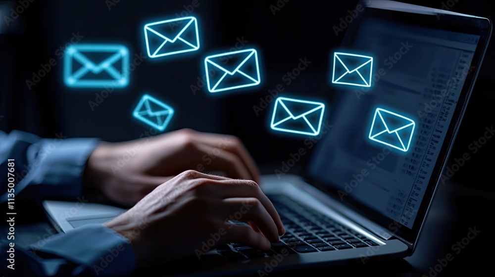 The image illustrates a professional working on a laptop, focusing on email communication for marketing purposes, showcasing business strategies. The image illustrates a professional working on a laptop, focusing on email communication for marketing purposes, showcasing business strategies.