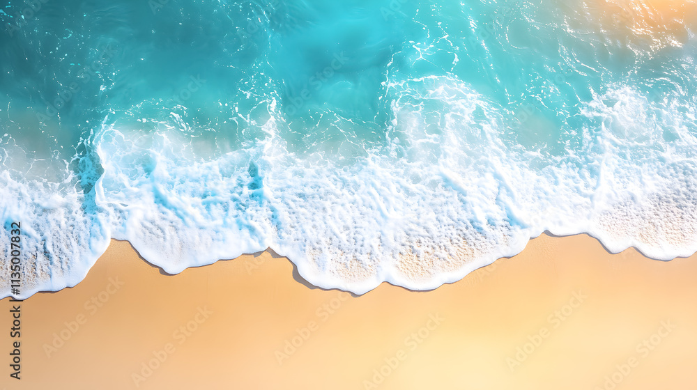Abstract view of a sandy beach from above, showcasing light blue water waves and sunlight, perfect for a summer vacation theme. Abstract view of a sandy beach from above, showcasing light blue water waves and sunlight, perfect for a summer vacation theme.