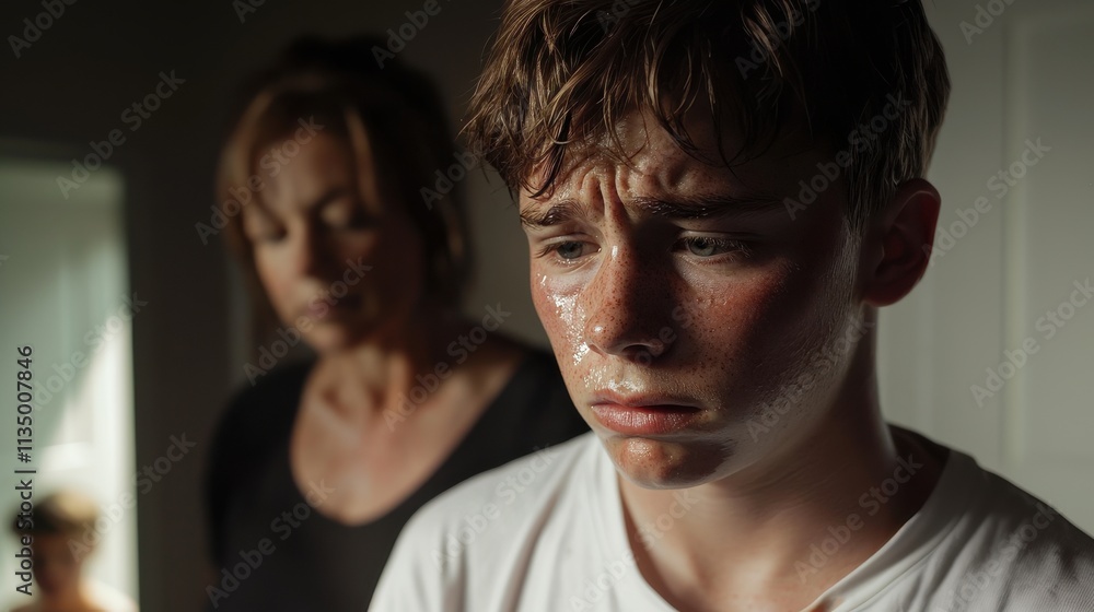 Obraz premium A compassionate mother consoles a distressed teenage boy in a dimly lit room, symbolizing care, support, and understanding.