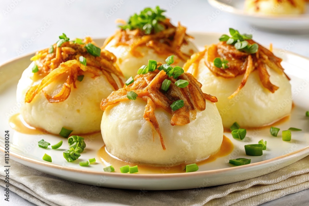 Mashed Potato Dumplings with Fried Onions & Sour Cream - Delicious Food Photography Mashed Potato Dumplings with Fried Onions & Sour Cream - Delicious Food Photography